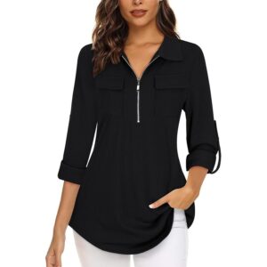 Gemulate Women's 3/4 Sleeve Zip V-Neck Floral Tunic Blouse - Black