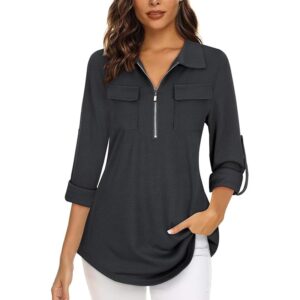 Gemulate Women's 3/4 Sleeve Zip V-Neck Floral Tunic Blouse - Dark Grey