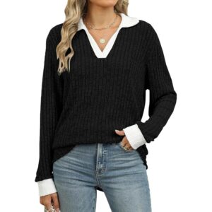 Gemulate Women's V-Neck Long Sleeve Jumper Lightweight Ribbed Top - Black
