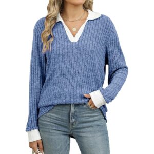 Gemulate Women's V-Neck Long Sleeve Jumper Lightweight Ribbed Top - Blue