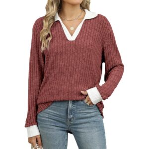 Gemulate Women's V-Neck Long Sleeve Jumper Lightweight Ribbed Top - Caramel