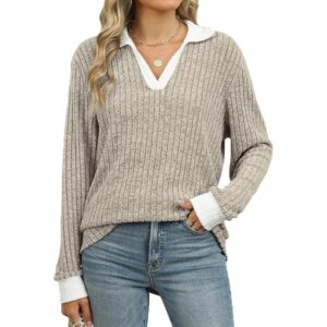 Gemulate Women's V-Neck Long Sleeve Jumper Lightweight Ribbed Top - Khaki