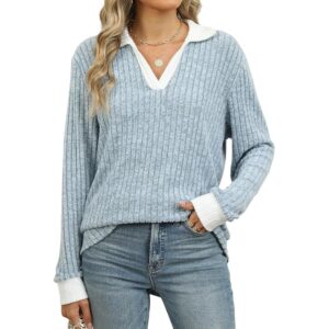 Gemulate Women's V-Neck Long Sleeve Jumper Lightweight Ribbed Top - Light Blue