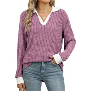 Gemulate Women's V-Neck Long Sleeve Jumper Lightweight Ribbed Top - Purple